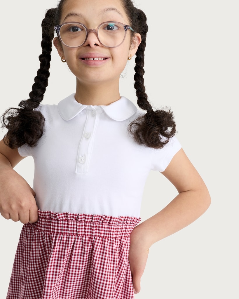 F&F School Girls Cotton Rich 2 in 1 Gingham Polo Dress in Red thumbnail 2