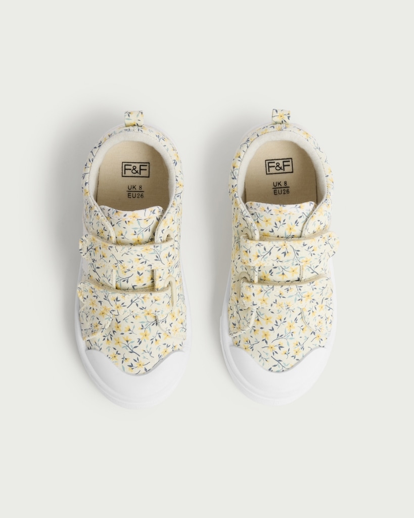 F&F Girls Floral Print Strap Fastening Trainers in Yellow thumbnail 2
