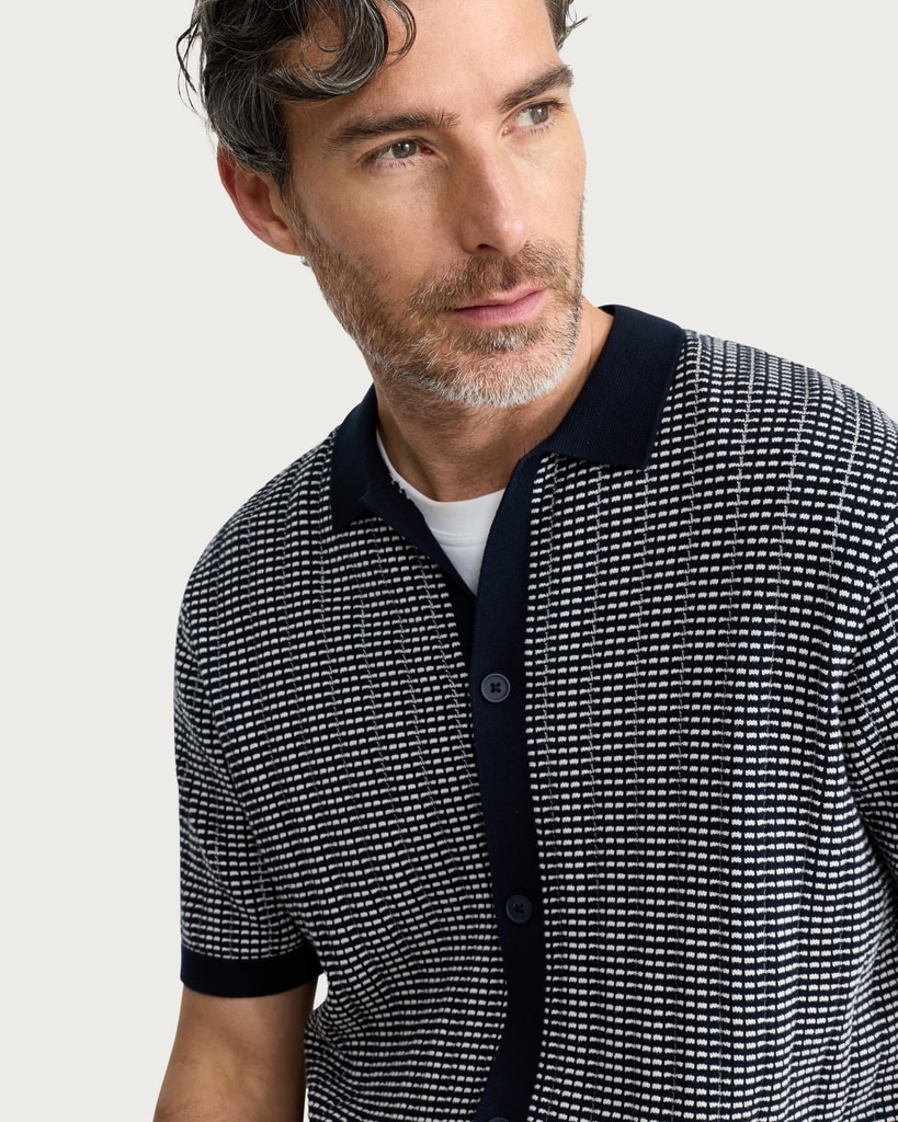 The F&F Edit Pure Cotton Jacquard Button Up Polo Shirt in Navy