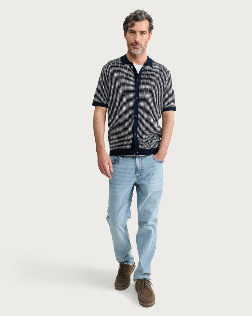 The F&F Edit Pure Cotton Jacquard Button Up Polo Shirt in Navy thumbnail 2