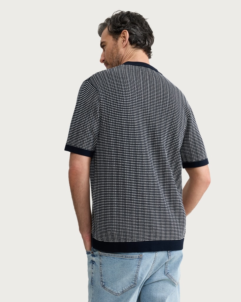 The F&F Edit Pure Cotton Jacquard Button Up Polo Shirt in Navy thumbnail 3
