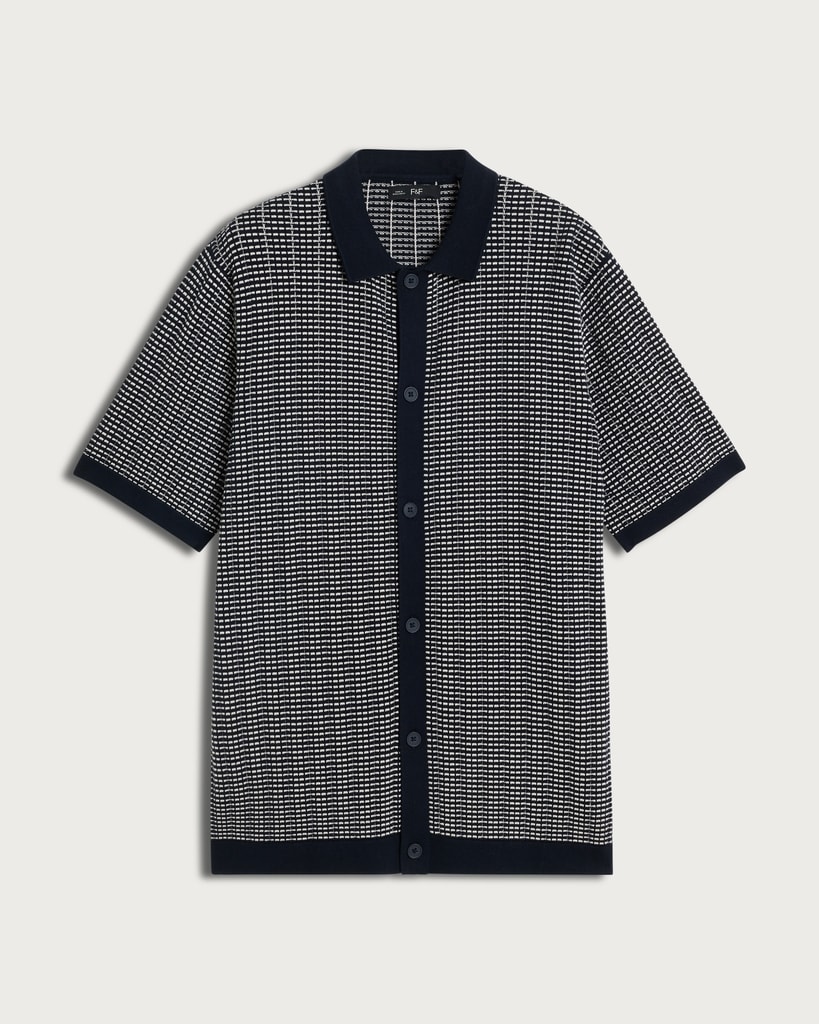 The F&F Edit Pure Cotton Jacquard Button Up Polo Shirt in Navy thumbnail 4