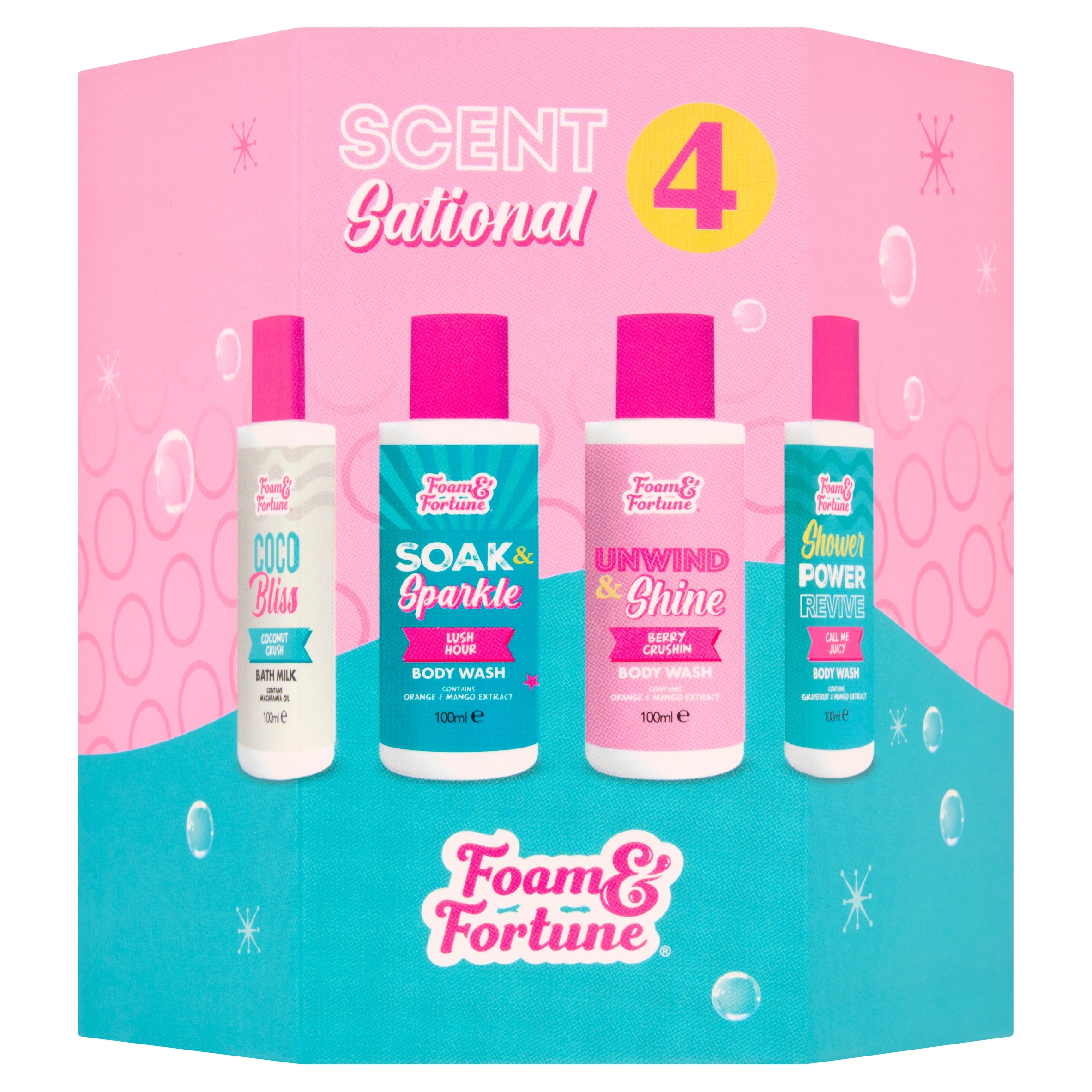 Foam & Fortune scent-sational 4 body wash & bath milk set