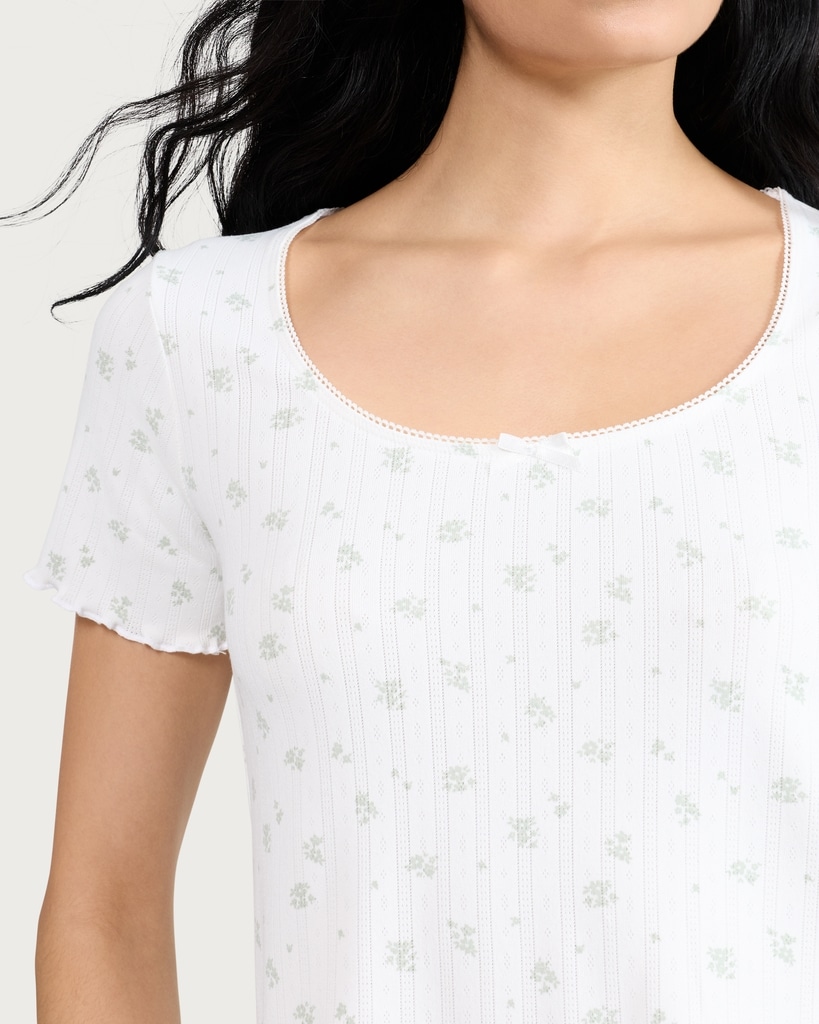 F&F Pointelle Floral Print Short Sleeved Pyjama Top in White thumbnail 2