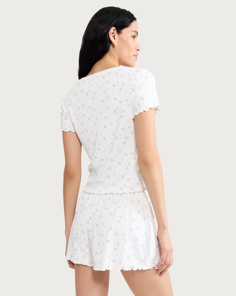F&F Pointelle Floral Print Short Sleeved Pyjama Top in White thumbnail 3