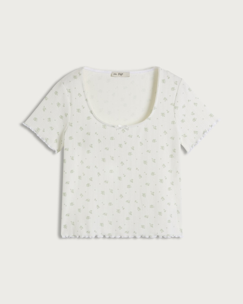 F&F Pointelle Floral Print Short Sleeved Pyjama Top in White thumbnail 4