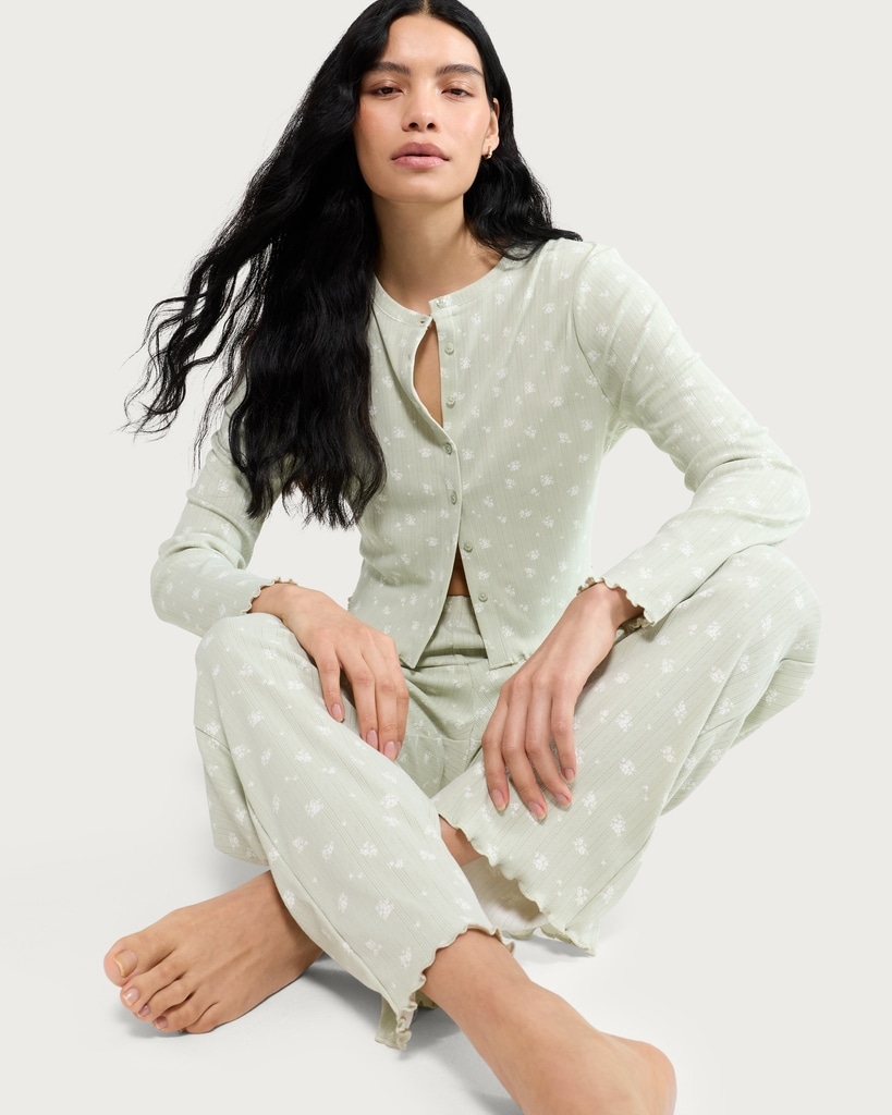 F&F Pointelle Floral Button Up Long Sleeved Pyjama Cardigan in Green
