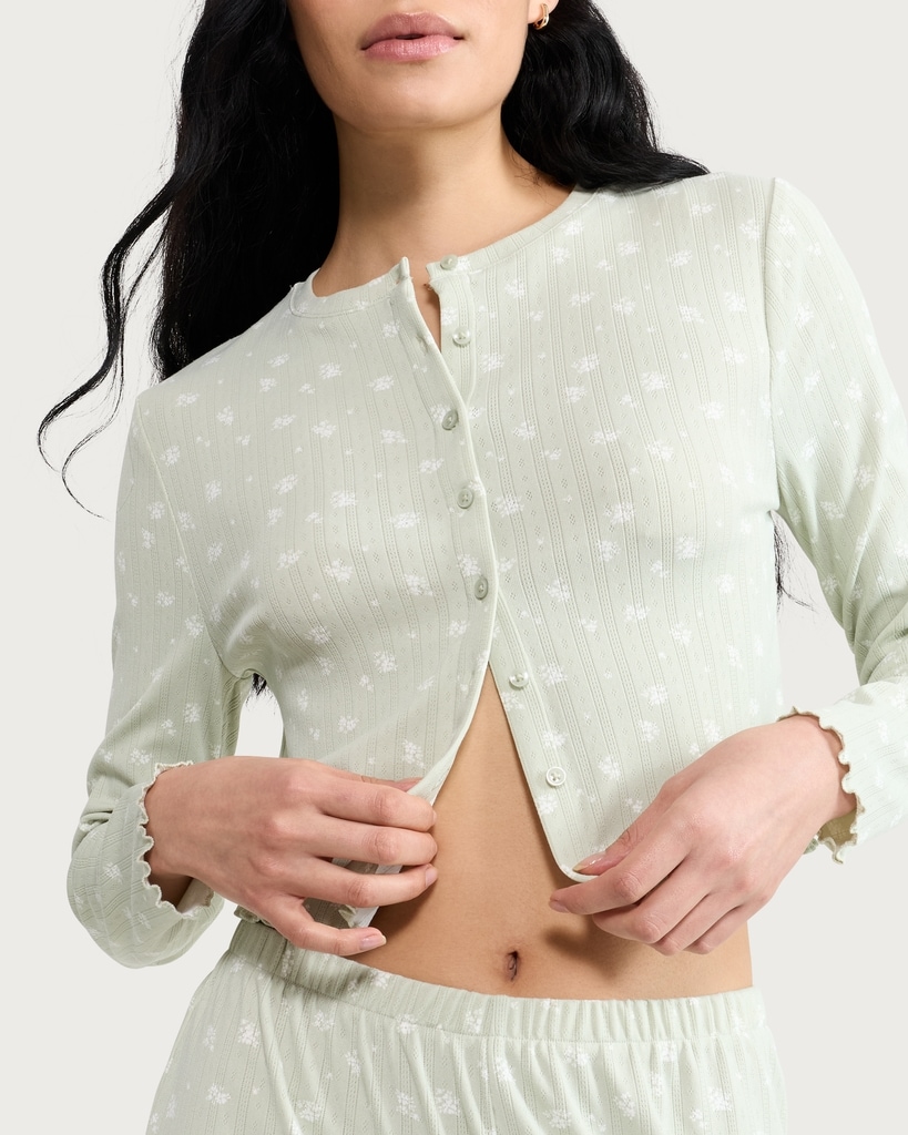 F&F Pointelle Floral Button Up Long Sleeved Pyjama Cardigan in Green thumbnail 2