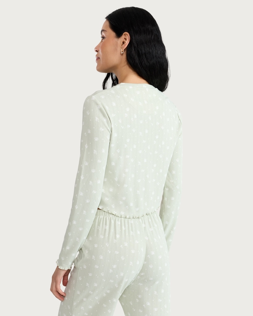 F&F Pointelle Floral Button Up Long Sleeved Pyjama Cardigan in Green thumbnail 3