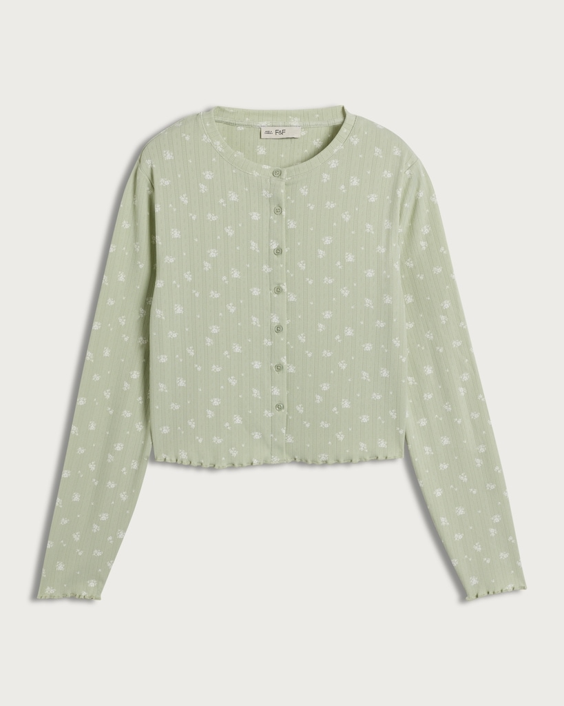 F&F Pointelle Floral Button Up Long Sleeved Pyjama Cardigan in Green thumbnail 4