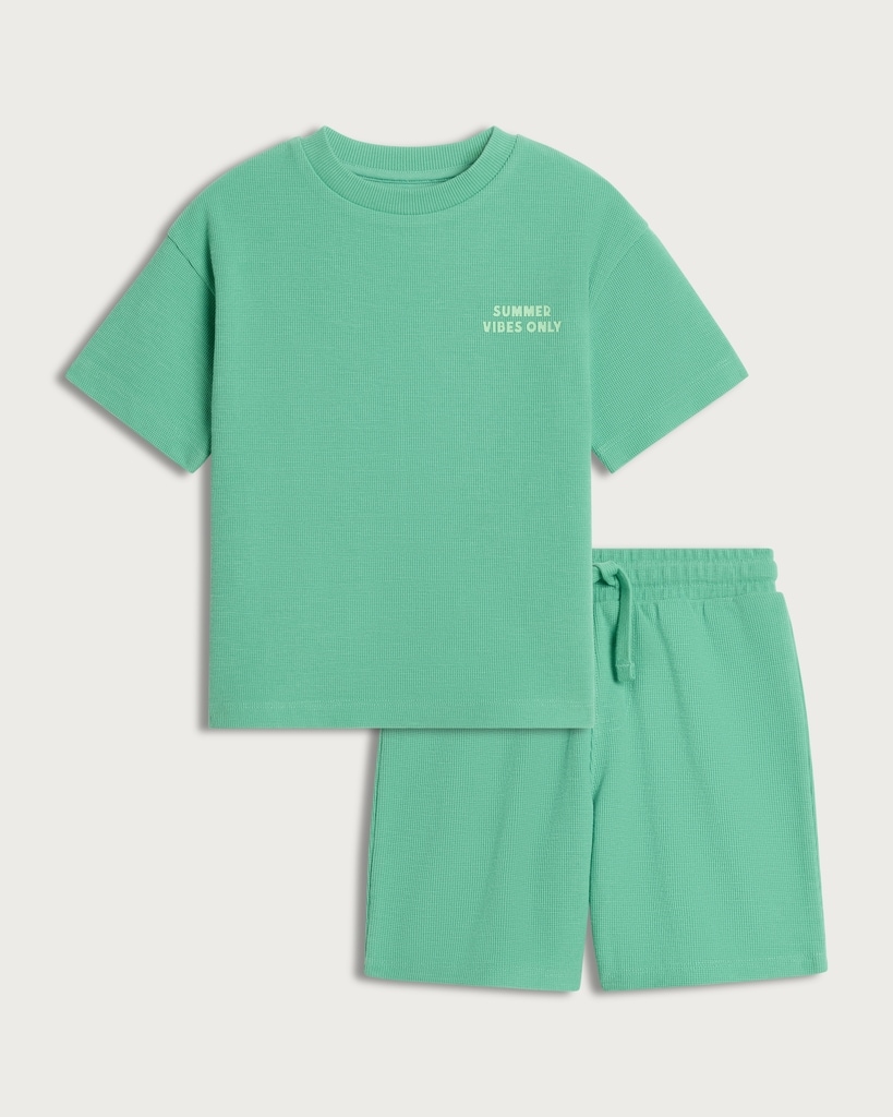 F&F Boys 2-Piece Cotton Rich Waffle Textured T-Shirt and Shorts Set in Green thumbnail 4