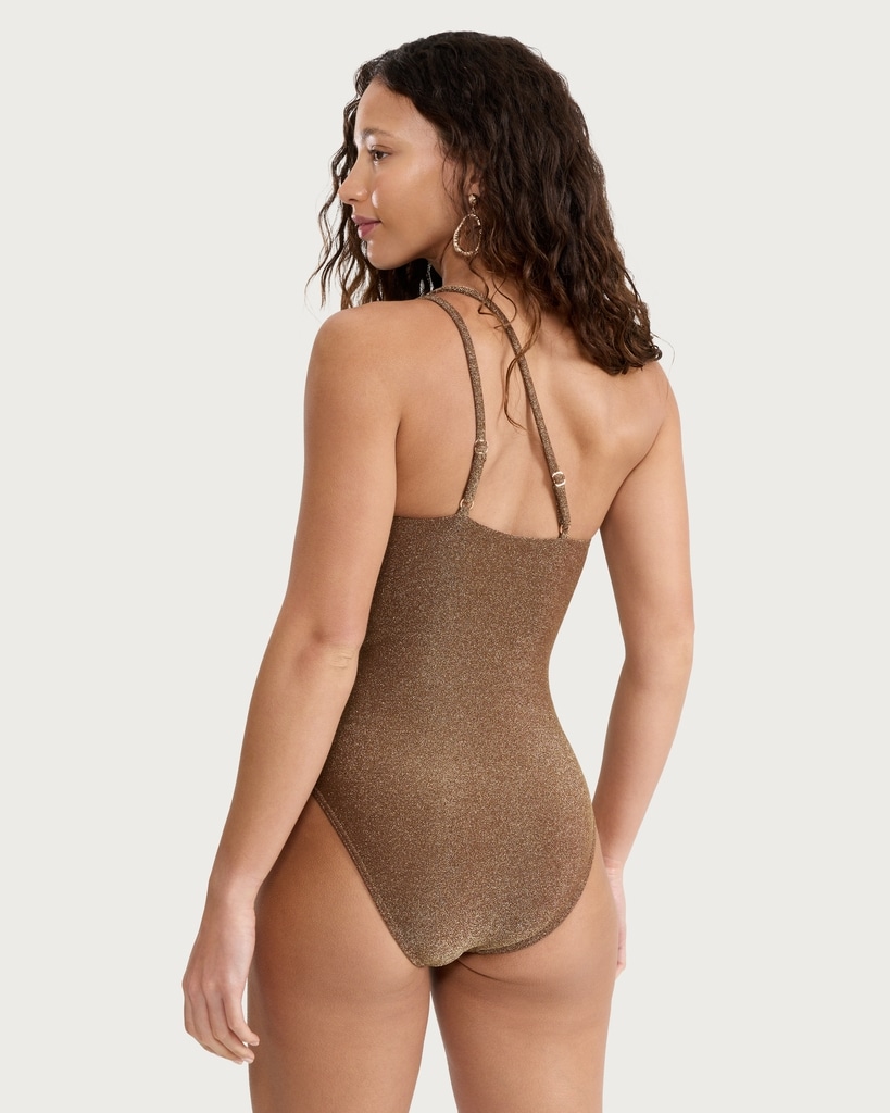 F&F Metallic One Shoulder Swimsuit in Bronze thumbnail 3