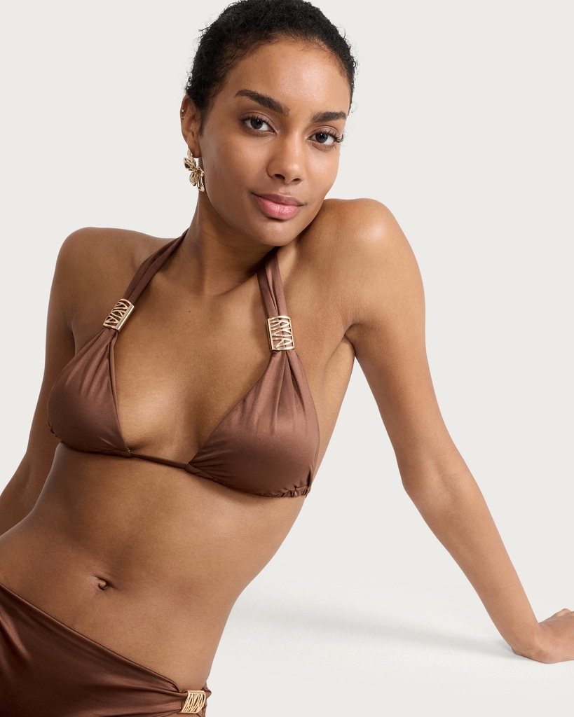 F&F High Shine Halter Neck Bikini Top in Brown