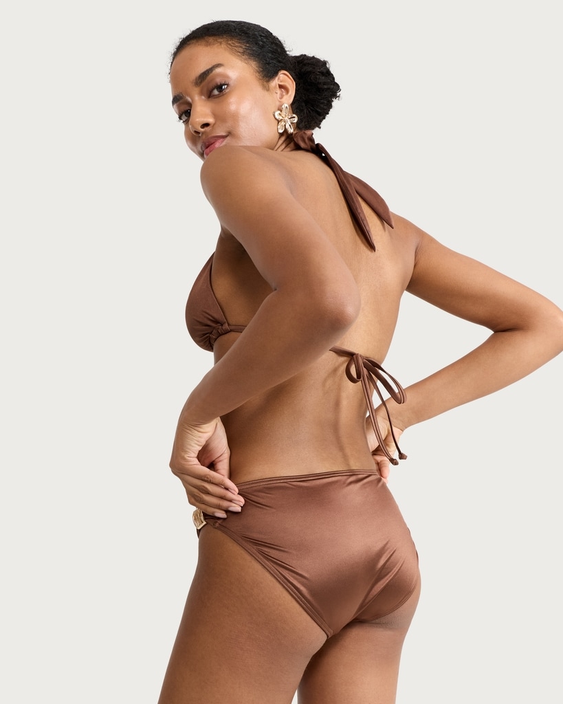 F&F High Shine Halter Neck Bikini Top in Brown thumbnail 3