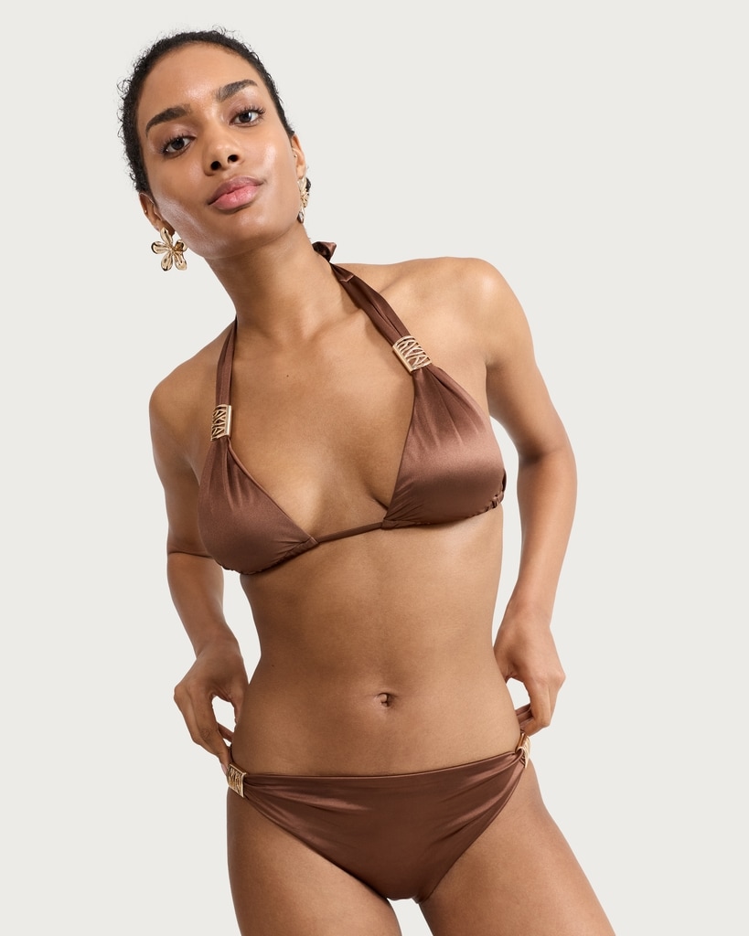 F&F High Shine Halter Neck Bikini Top in Brown thumbnail 2