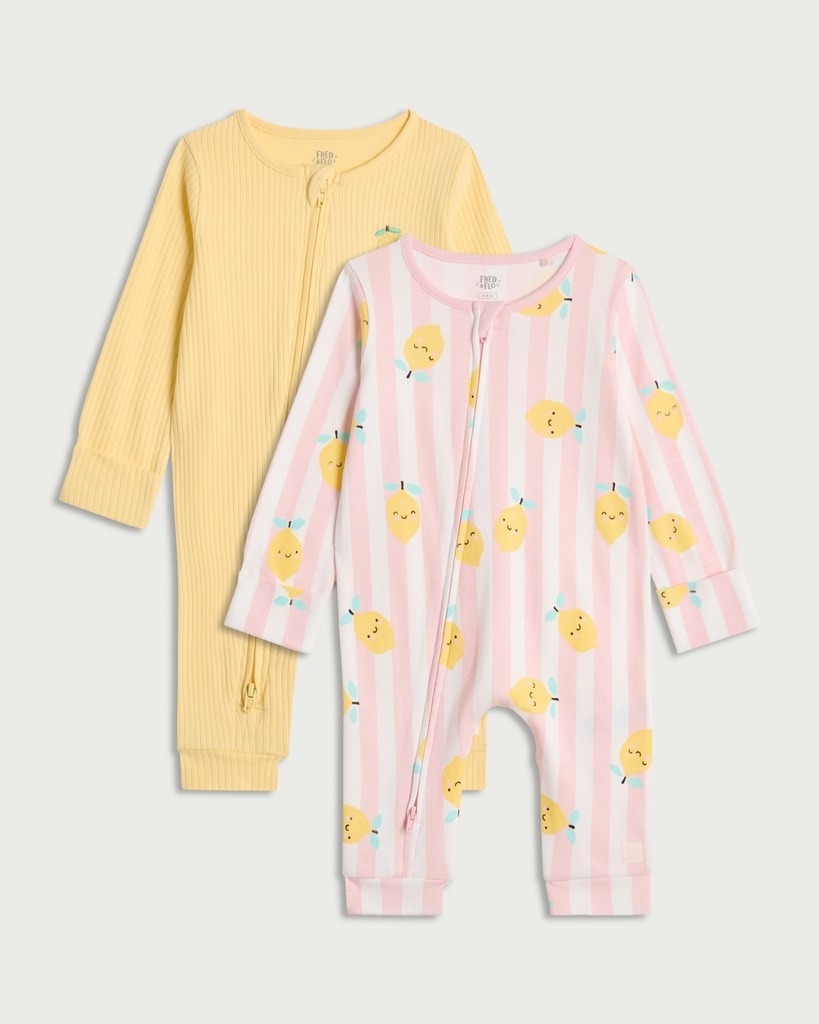 F&F Baby 2-Pack Lemon Print Sleepsuits in Pink