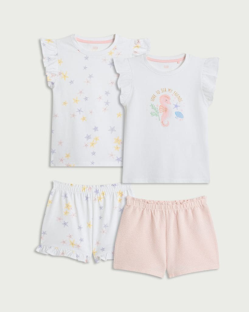 F&F 2-Pack Cotton Rich Frill Sleeved Short Pyjama Sets in Cream