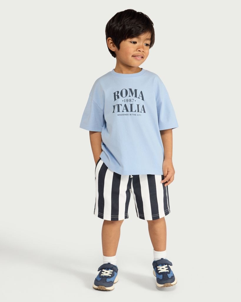 F&F Boys Pure Cotton T-Shirt and Striped Shorts Set in Blue