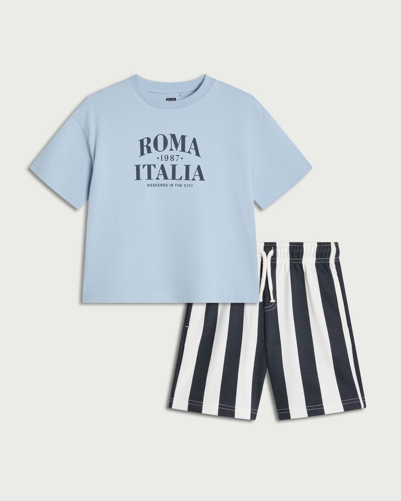 F&F Boys Pure Cotton T-Shirt and Striped Shorts Set in Blue thumbnail 4