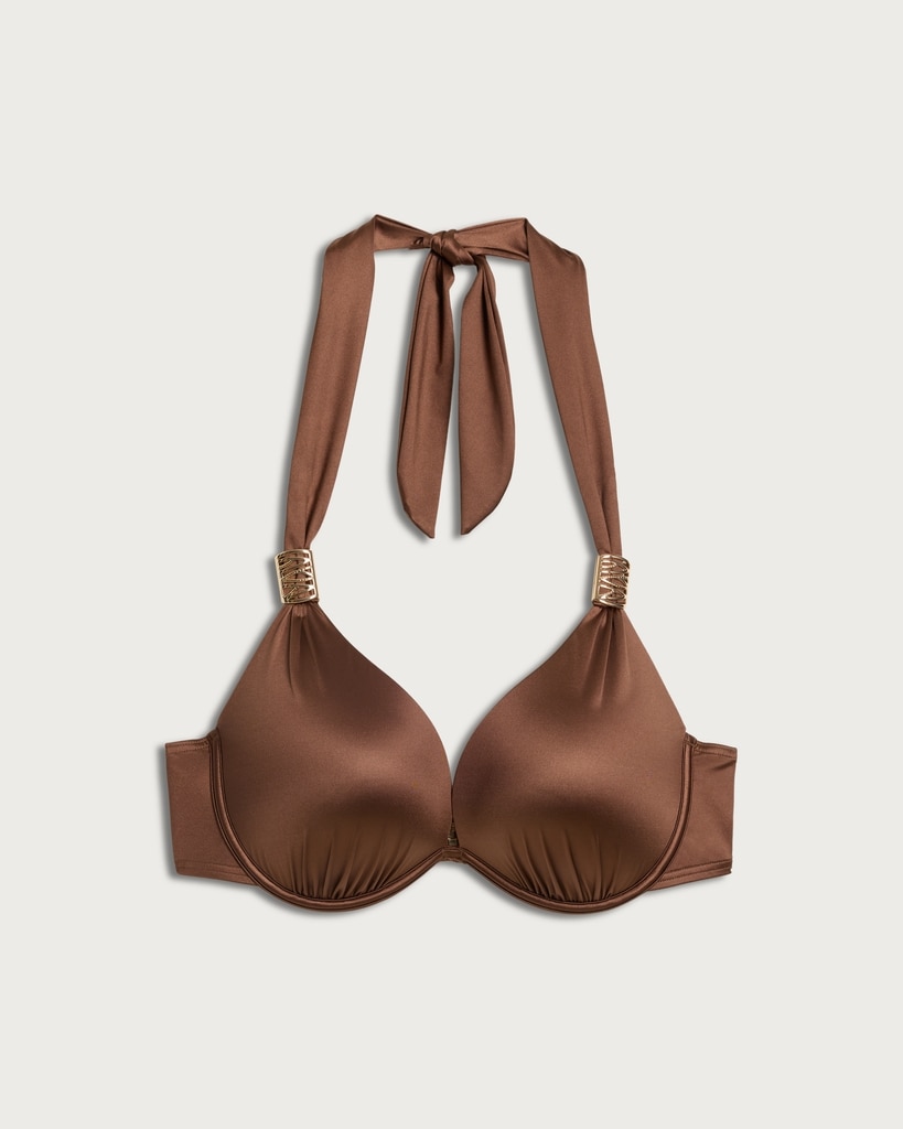 F&F High Shine Metal Accent Halter Neck Wired Bikini Top in Brown thumbnail 4