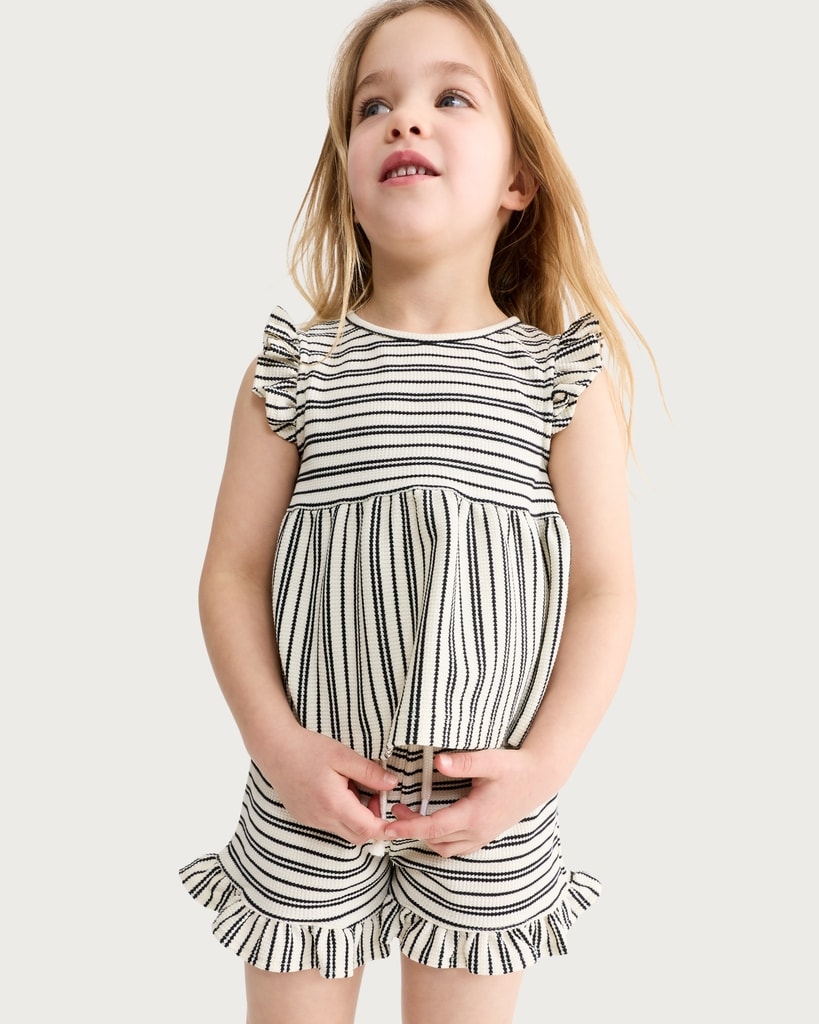 F&F Girls 2-Piece Cotton Blend Striped Frill Sleeved Top and Shorts Set in Multi Black & White