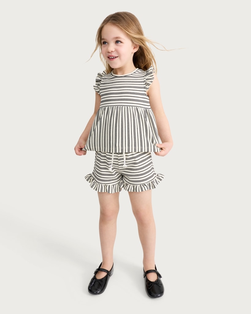 F&F Girls 2-Piece Cotton Blend Striped Frill Sleeved Top and Shorts Set in Multi Black & White thumbnail 2