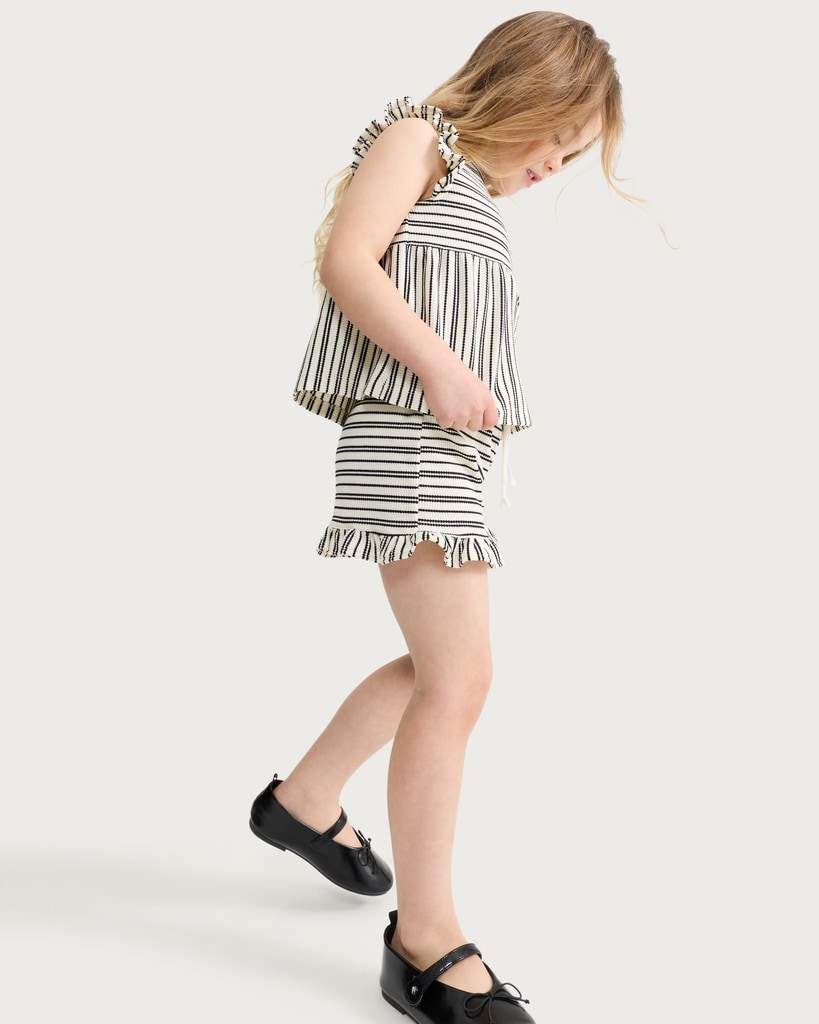 F&F Girls 2-Piece Cotton Blend Striped Frill Sleeved Top and Shorts Set in Multi Black & White thumbnail 3