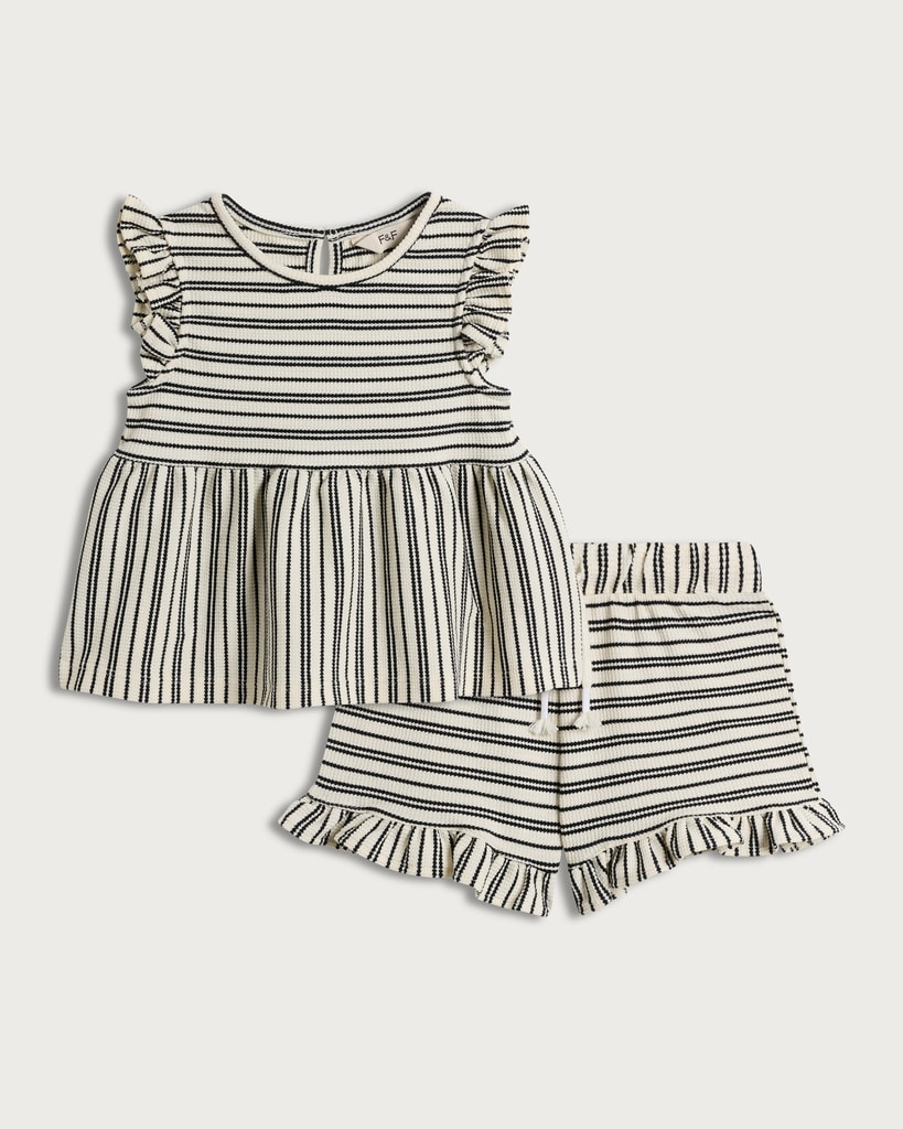 F&F Girls 2-Piece Cotton Blend Striped Frill Sleeved Top and Shorts Set in Multi Black & White thumbnail 4