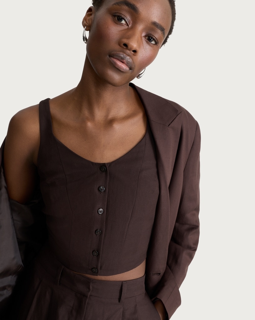F&F Button Front Cropped Waistcoat in Brown