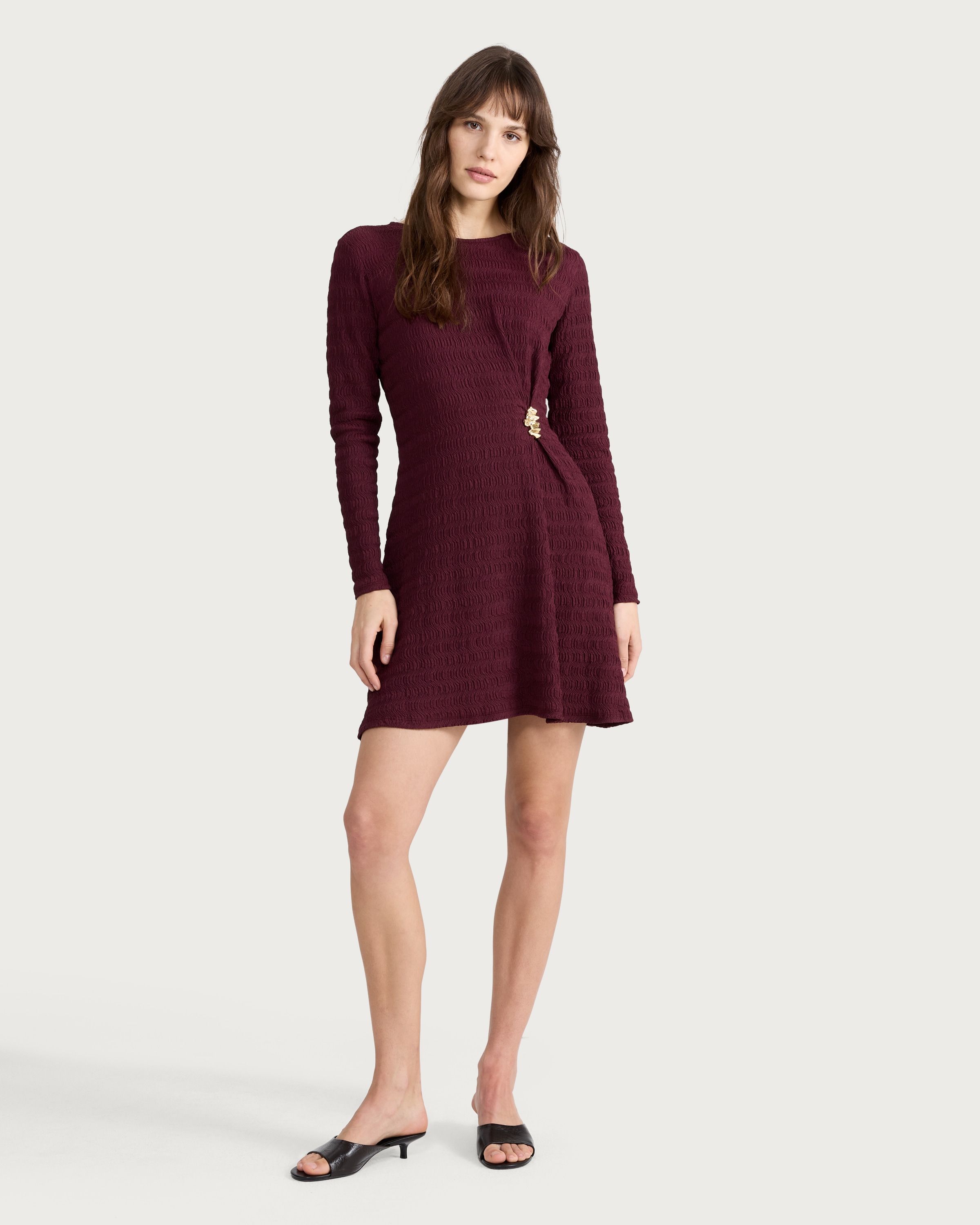 F&F Textured Metal Buckle Long Sleeved Dress in Burgundy