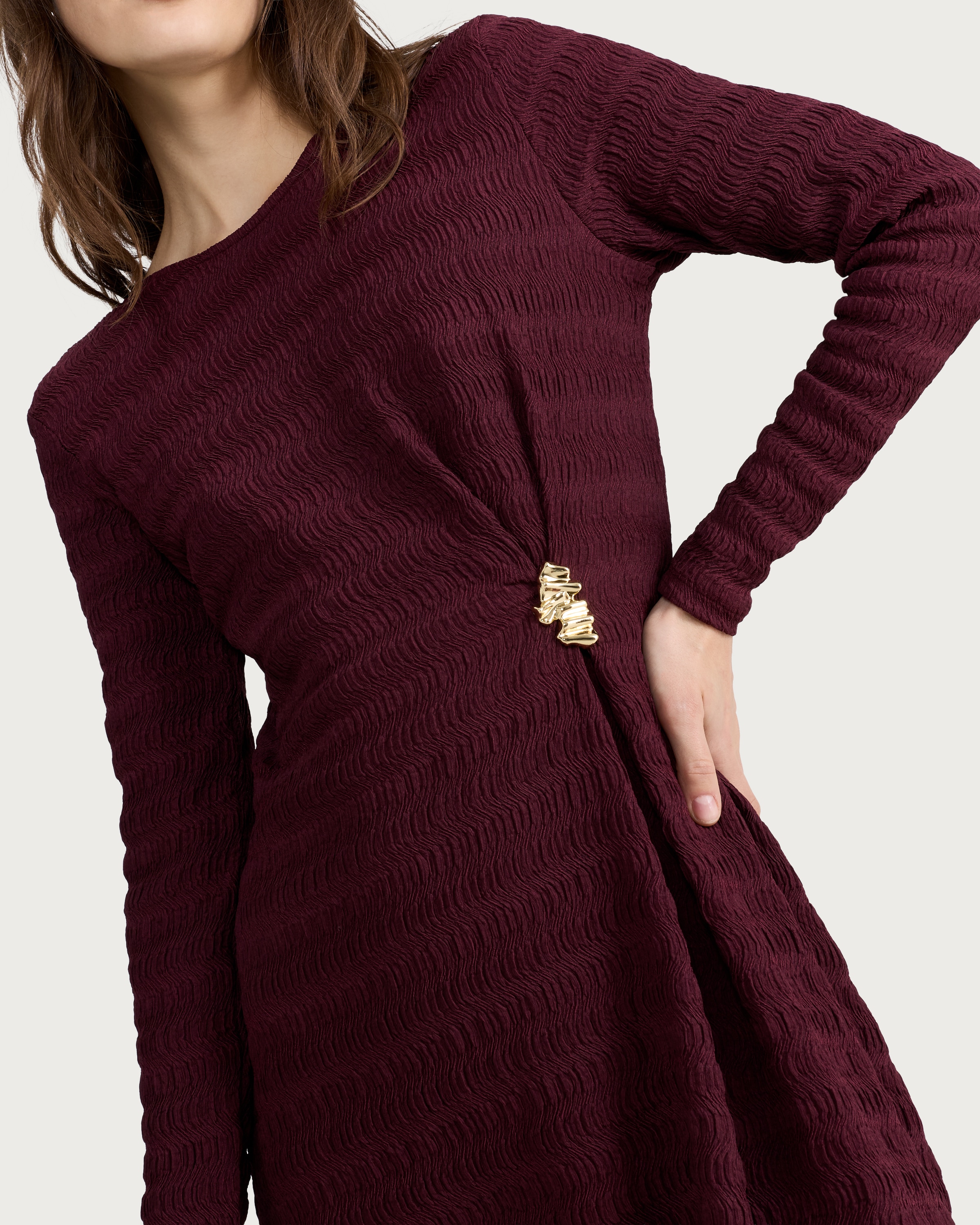 F&F Textured Metal Buckle Long Sleeved Dress in Burgundy thumbnail 2