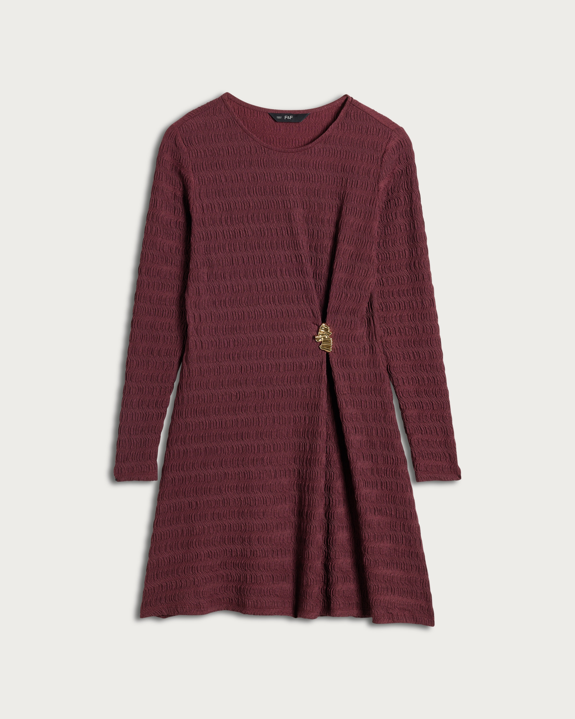 F&F Textured Metal Buckle Long Sleeved Dress in Burgundy thumbnail 4