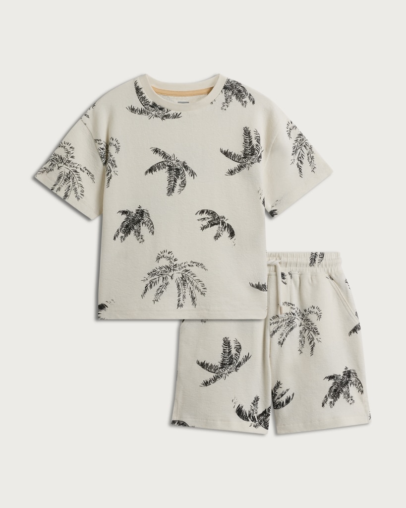 F&F Boys 2-Piece Pure Cotton Palm Print T-Shirt and Shorts Set in Cream