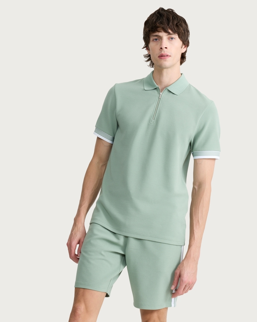 F&F Textured Zip Neck Short Sleeved Polo Shirt in Green thumbnail 2