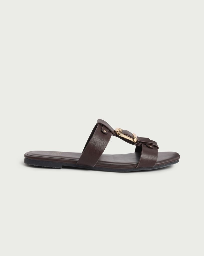 F&F Buckle Detail Slip On Sandals in Brown