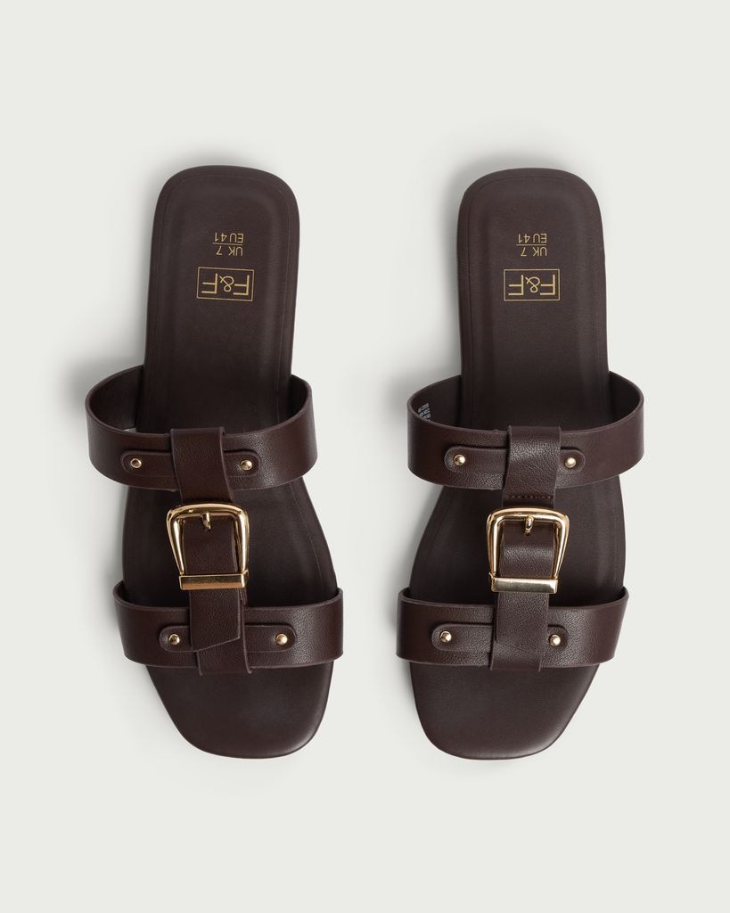 F&F Buckle Detail Slip On Sandals in Brown thumbnail 2