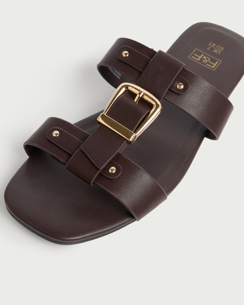 F&F Buckle Detail Slip On Sandals in Brown thumbnail 3