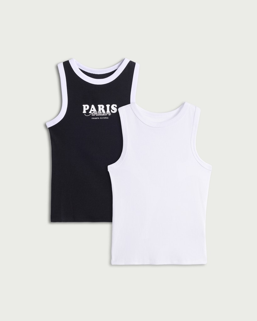 F&F Girls 2-Pack Cotton Rich Ribbed Vests in Multi Black White thumbnail 4