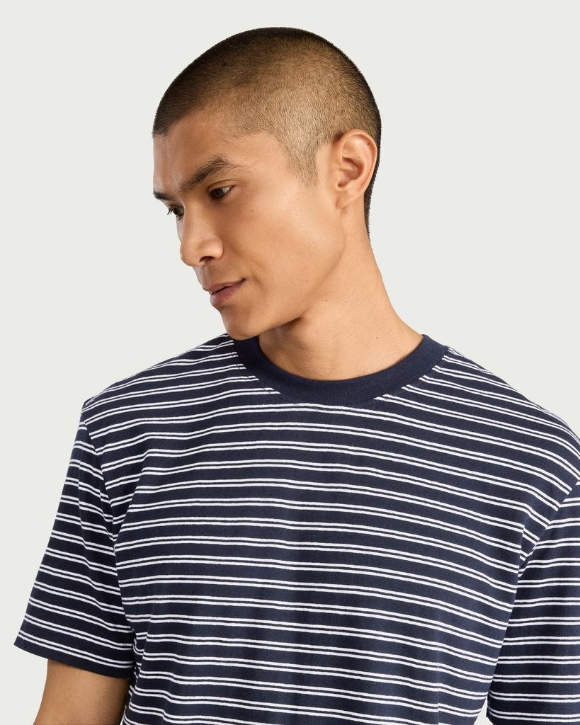 The F&F Edit Linen Rich Striped T-Shirt in Navy