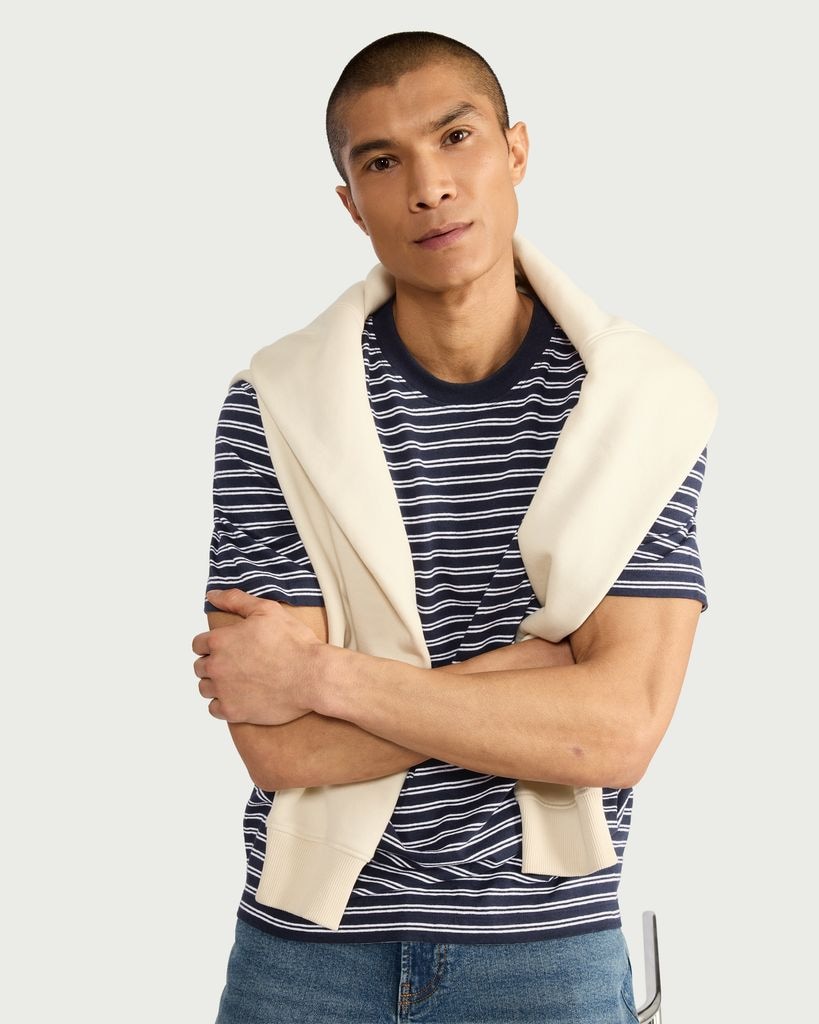 The F&F Edit Linen Rich Striped T-Shirt in Navy thumbnail 2