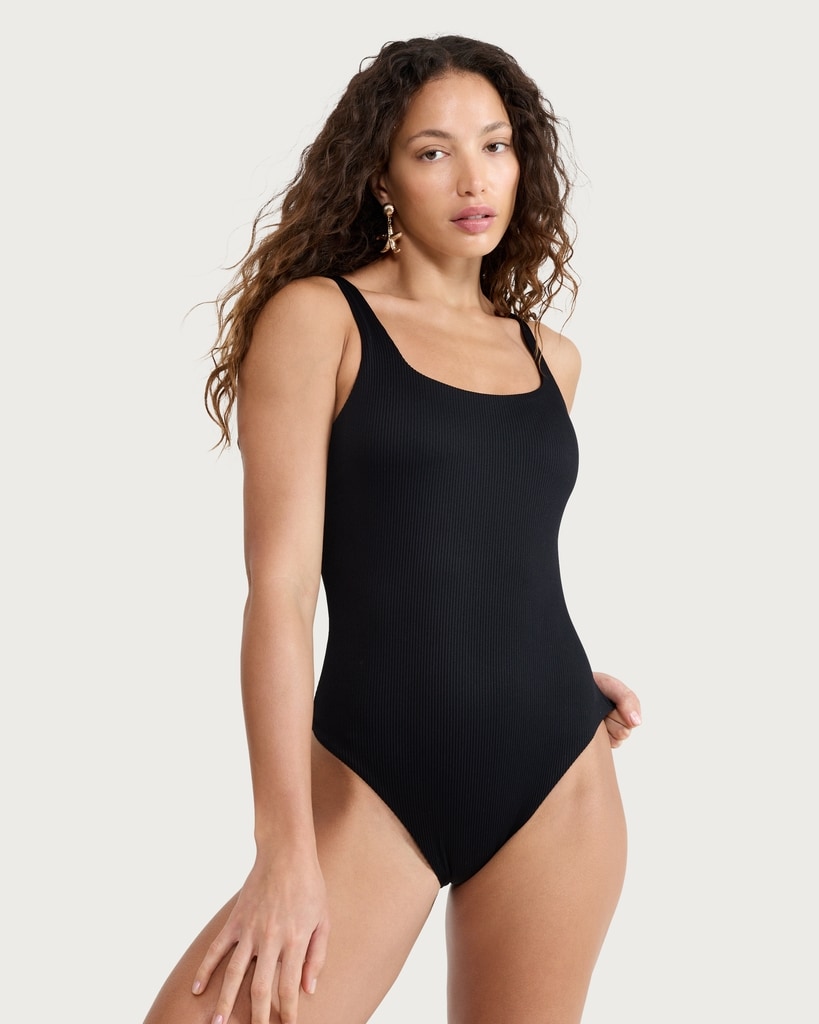 F&F Ribbed Square Neck Swimsuit in Black