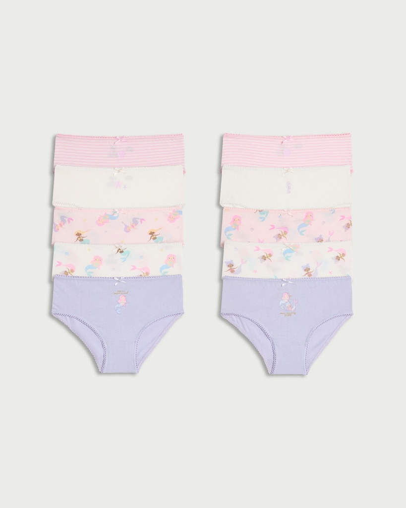 F&F Girls 10-Pack Pure Cotton Mermaid Print Briefs in Multi