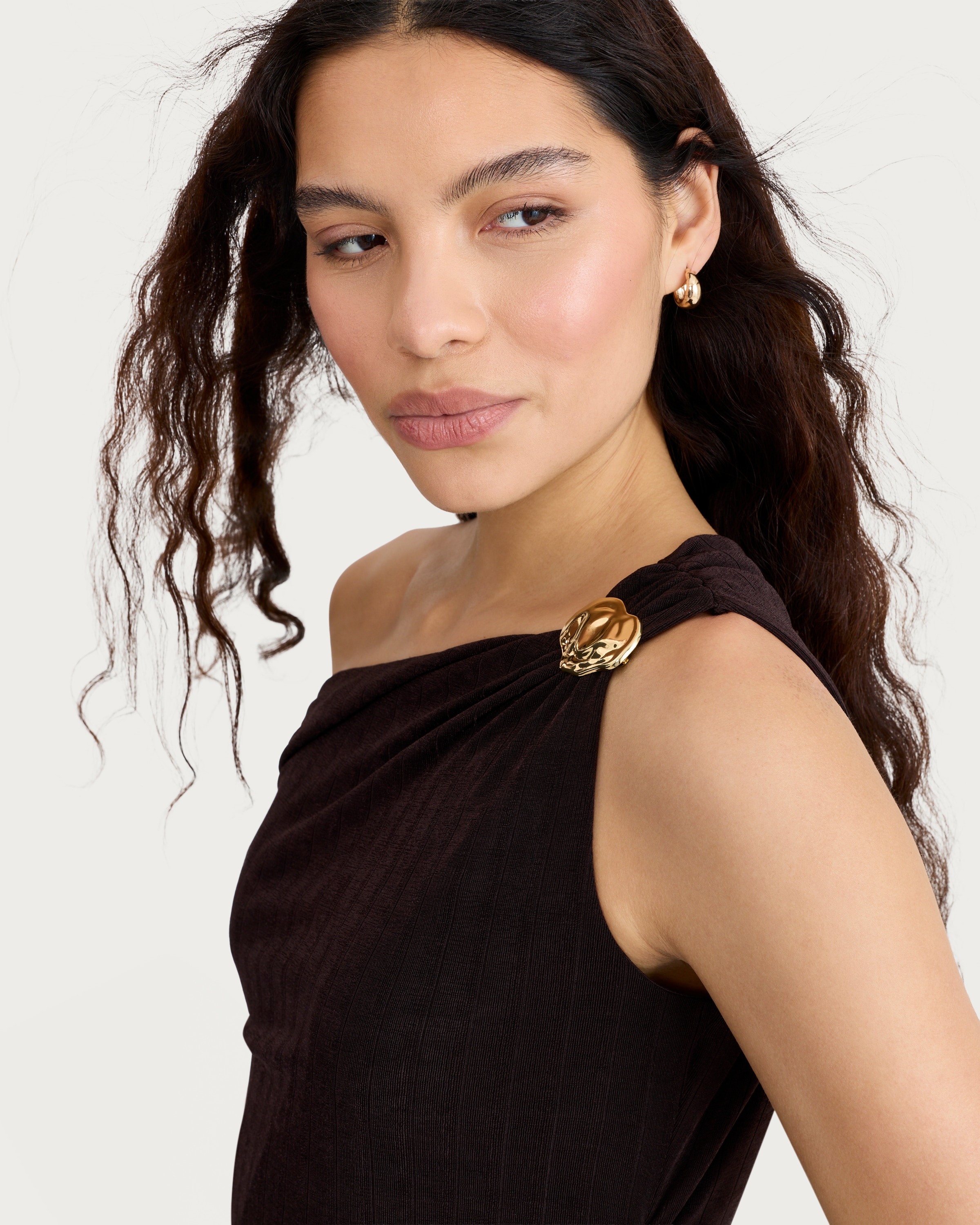 F&F Satin Cowl Neck Metal Accent Midi Dress in Chocolate