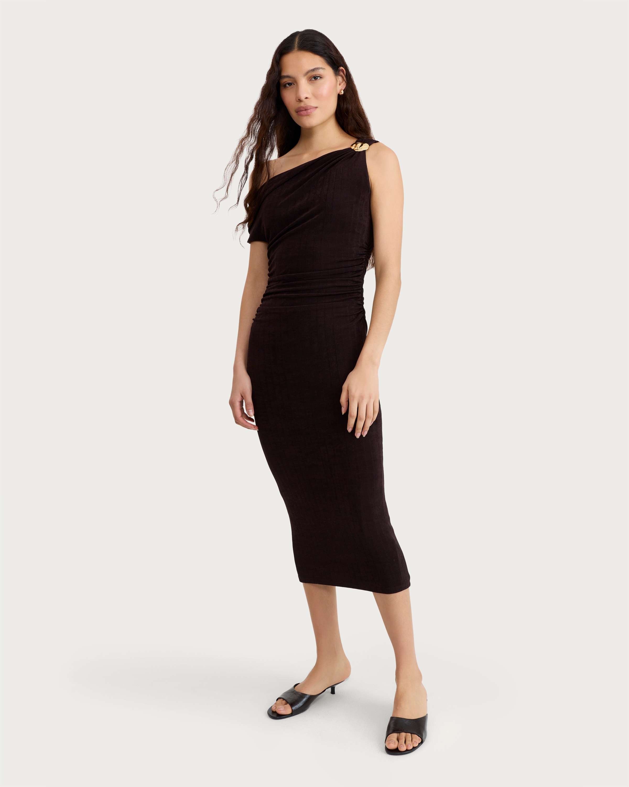 F&F Satin Cowl Neck Metal Accent Midi Dress in Chocolate thumbnail 2