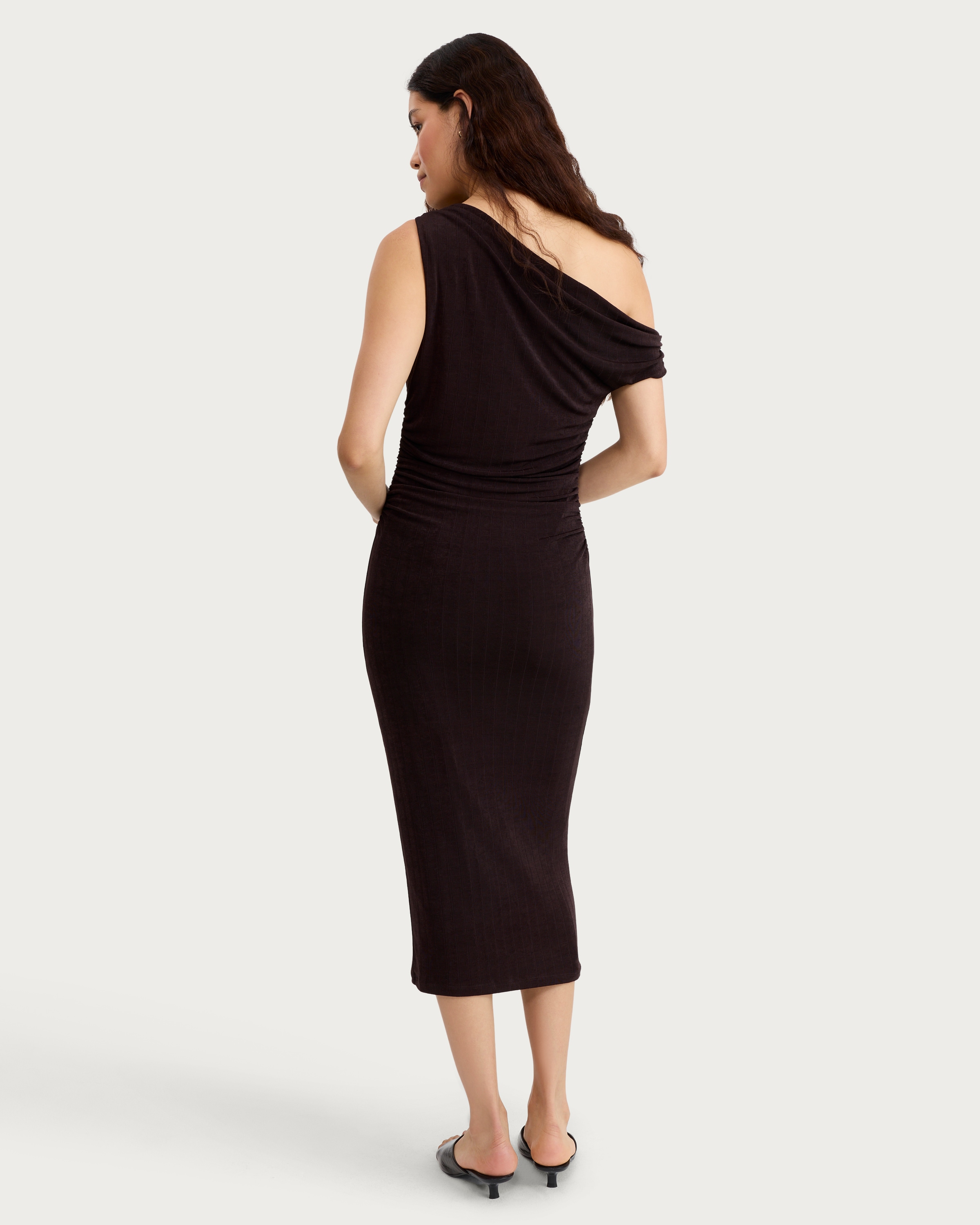 F&F Satin Cowl Neck Metal Accent Midi Dress in Chocolate thumbnail 3