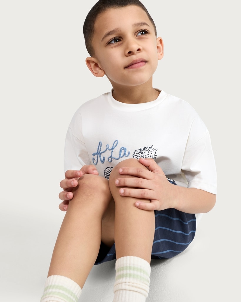 F&F Boys 2-Piece Pure Cotton À La Playa T-Shirt and Striped Shorts Set in White thumbnail 3