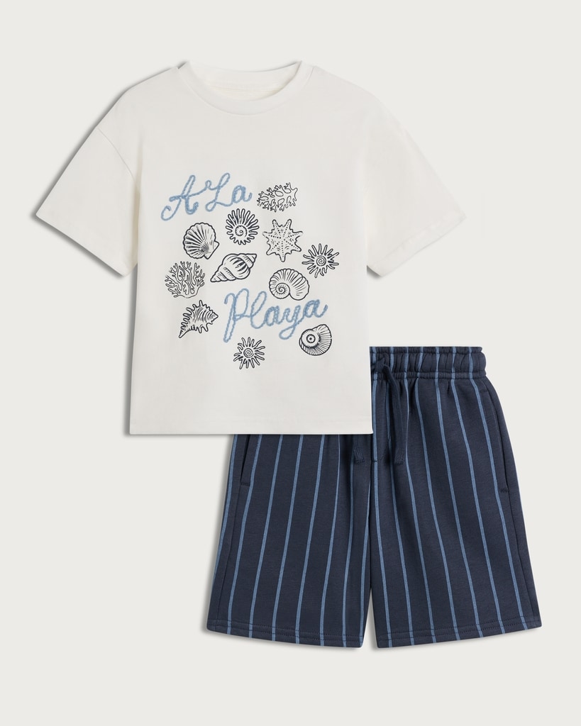 F&F Boys 2-Piece Pure Cotton À La Playa T-Shirt and Striped Shorts Set in White thumbnail 4