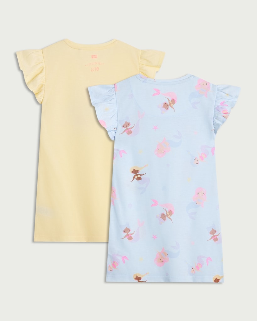 F&F Girls 2-Pack Mermaid Print Nightdresses in Yellow thumbnail 2