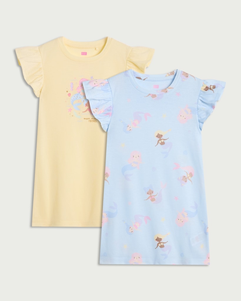 F&F Girls 2-Pack Mermaid Print Nightdresses in Yellow