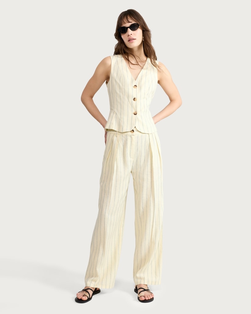 The F&F Edit Linen Rich Striped Buttoned Co-ord Waistcoat in Yellow thumbnail 2